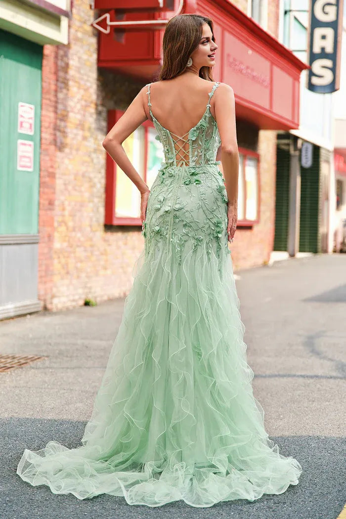 Weitese Dress Green Mermaid Spaghetti Straps 3D Flowers Party Dress Maxi Dress Sleeveless With Slit Prom Dress